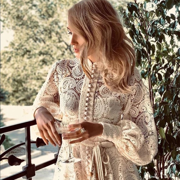 Embroidey Beige Dress Lantern Puff Sleeve Dress - Picture 5 of 16